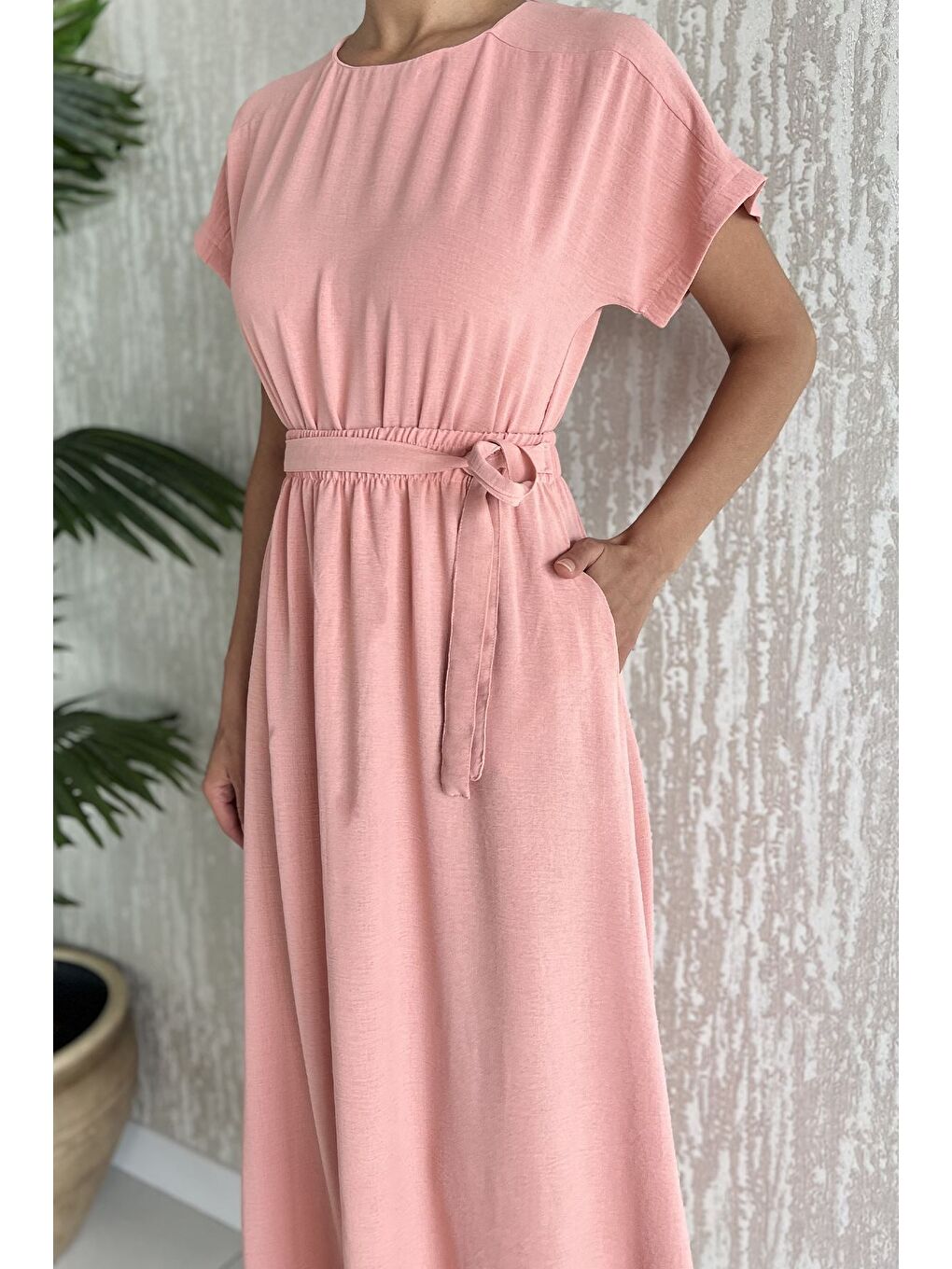 Pembe Kadın Çift Cepli Bel Lastikli Kuşaklı Elbise-3