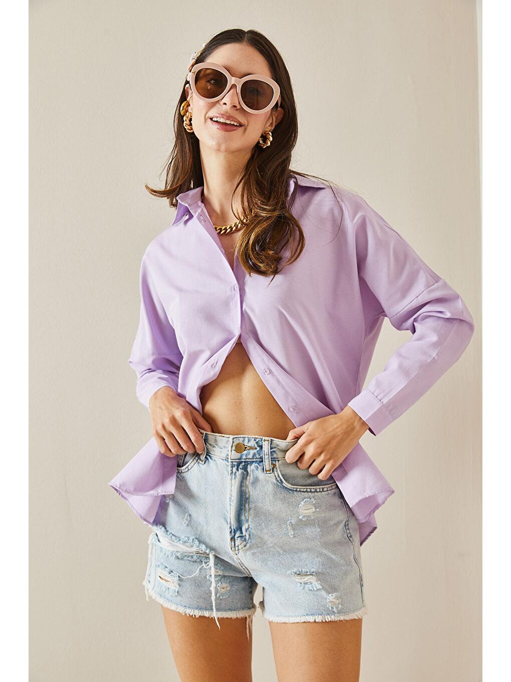 Lila Polo Yaka Basıc Viskon Gömlek 5YXK2-48542-26-1