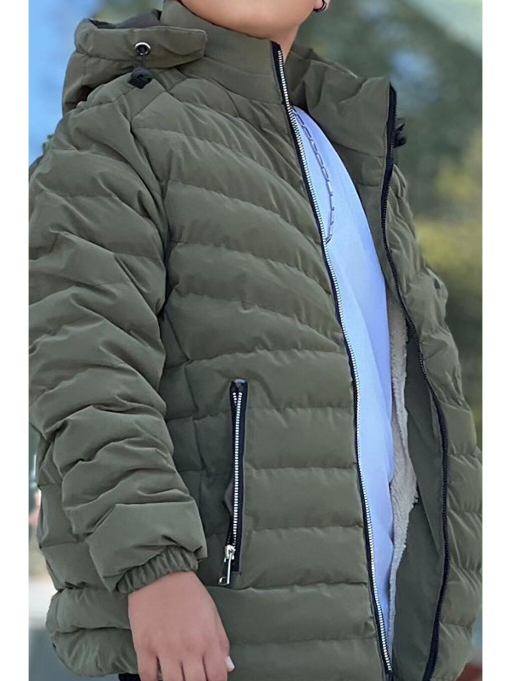 Haki Erkek Çocuk Çıkarılabilir Kapüşonlu Dikişli Nova Kumaş Kışlık Şişme Mont Km4016-1