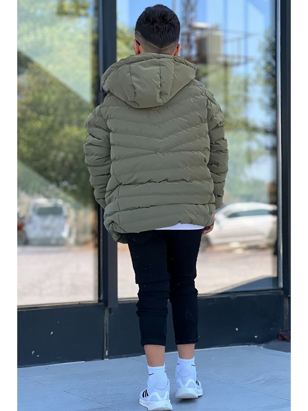 Haki Erkek Çocuk Çıkarılabilir Kapüşonlu Dikişli Nova Kumaş Kışlık Şişme Mont Km4016-2