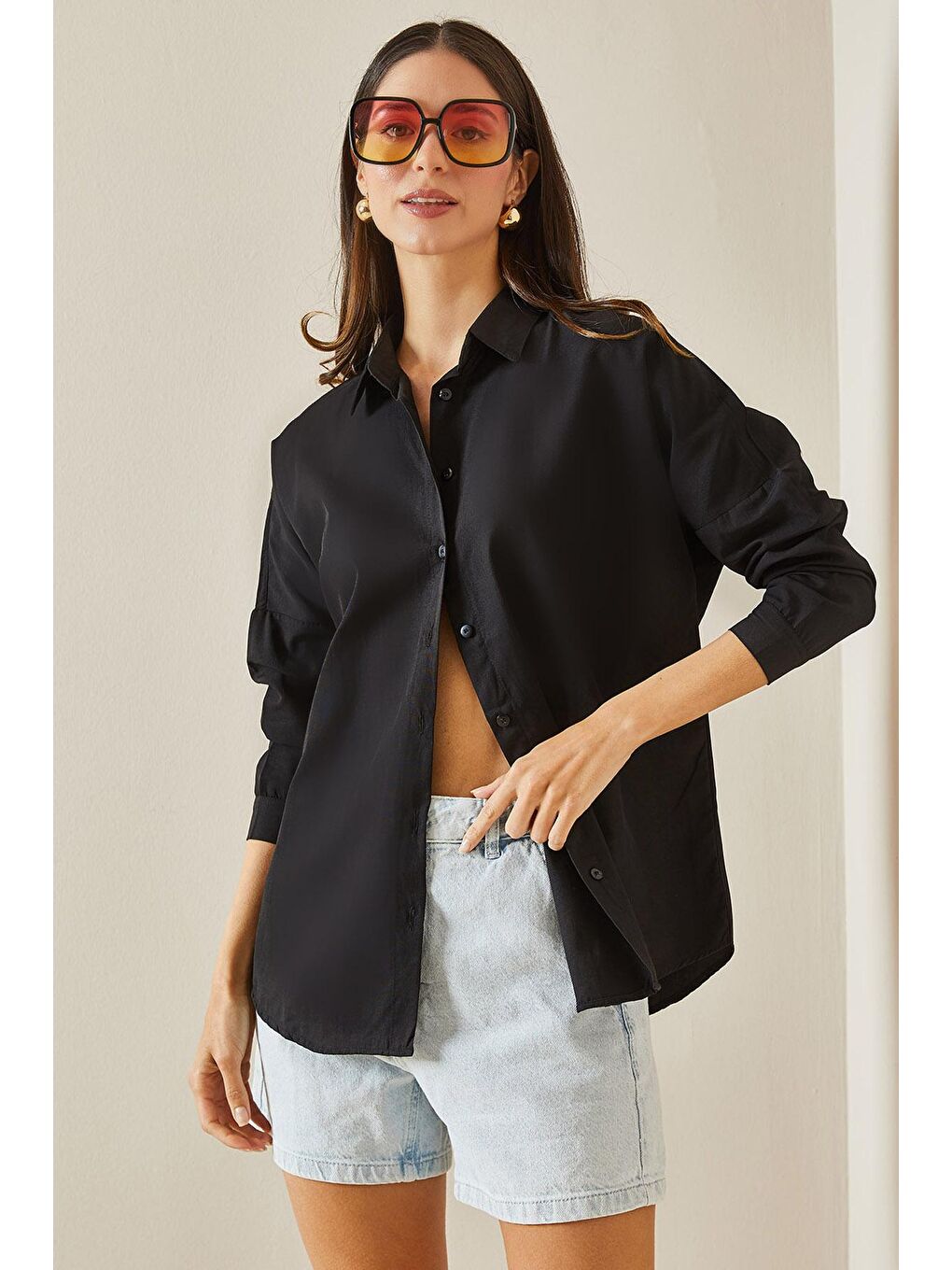 Siyah Polo Yaka Basıc Viskon Gömlek 5YXK2-48542-02