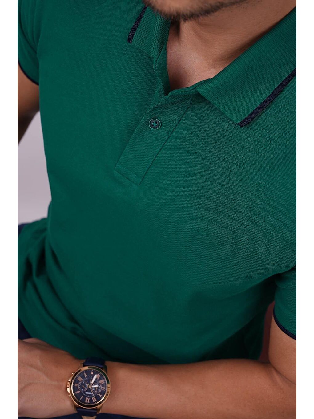 Yeşil Lacivert Yaka Çizgili Erkek Polo Yaka %100 Pamuk Tişört