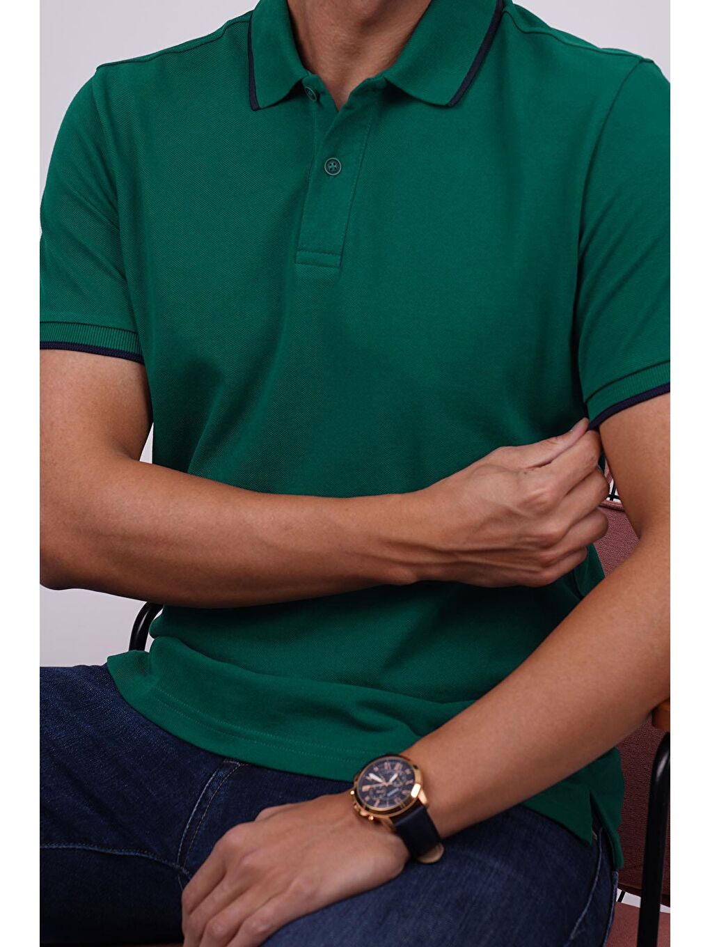 Yeşil Lacivert Yaka Çizgili Erkek Polo Yaka %100 Pamuk Tişört-1