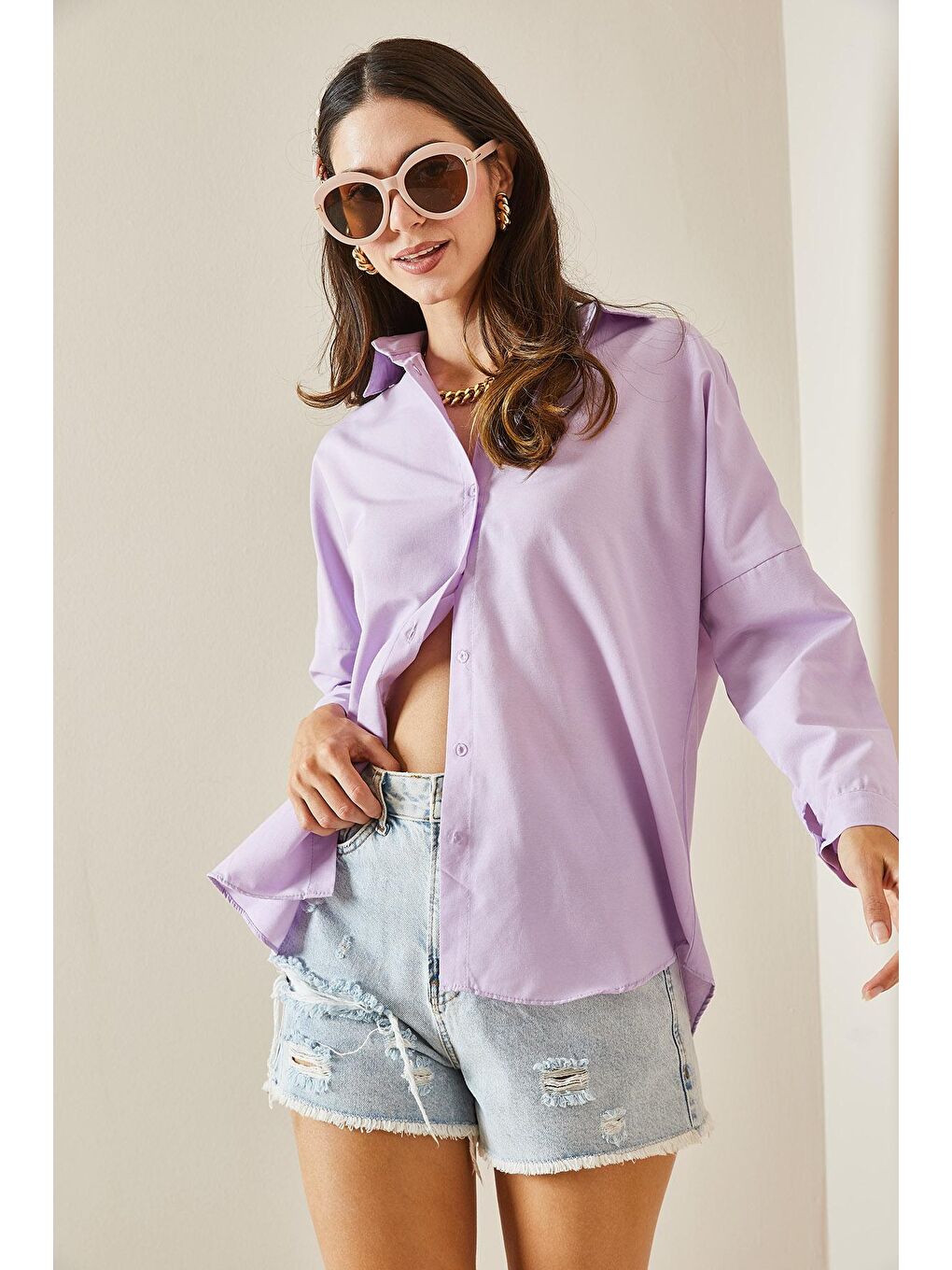 Lila Polo Yaka Basıc Viskon Gömlek 5YXK2-48542-26-2