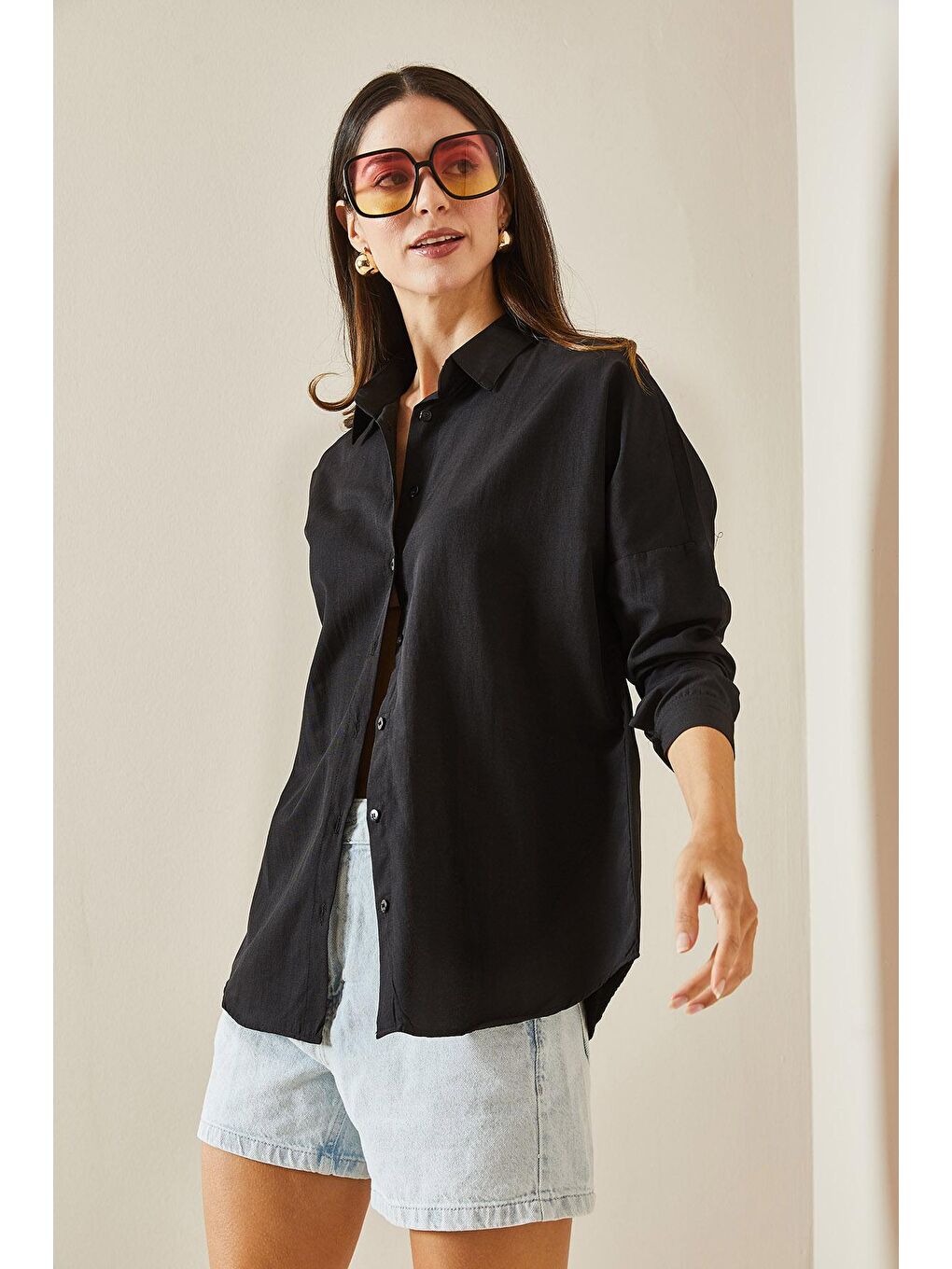 Siyah Polo Yaka Basıc Viskon Gömlek 5YXK2-48542-02-1