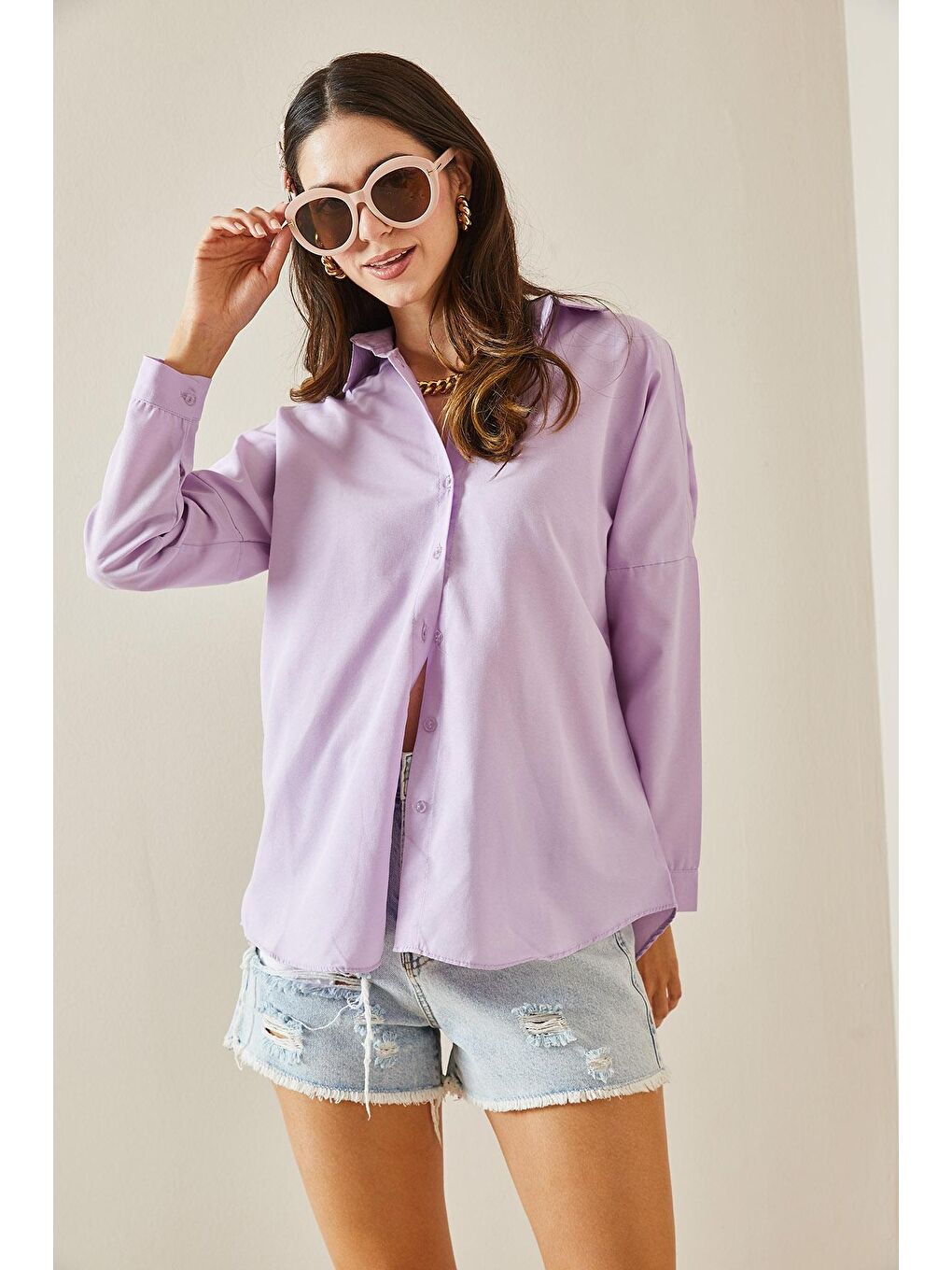 Lila Polo Yaka Basıc Viskon Gömlek 5YXK2-48542-26-3