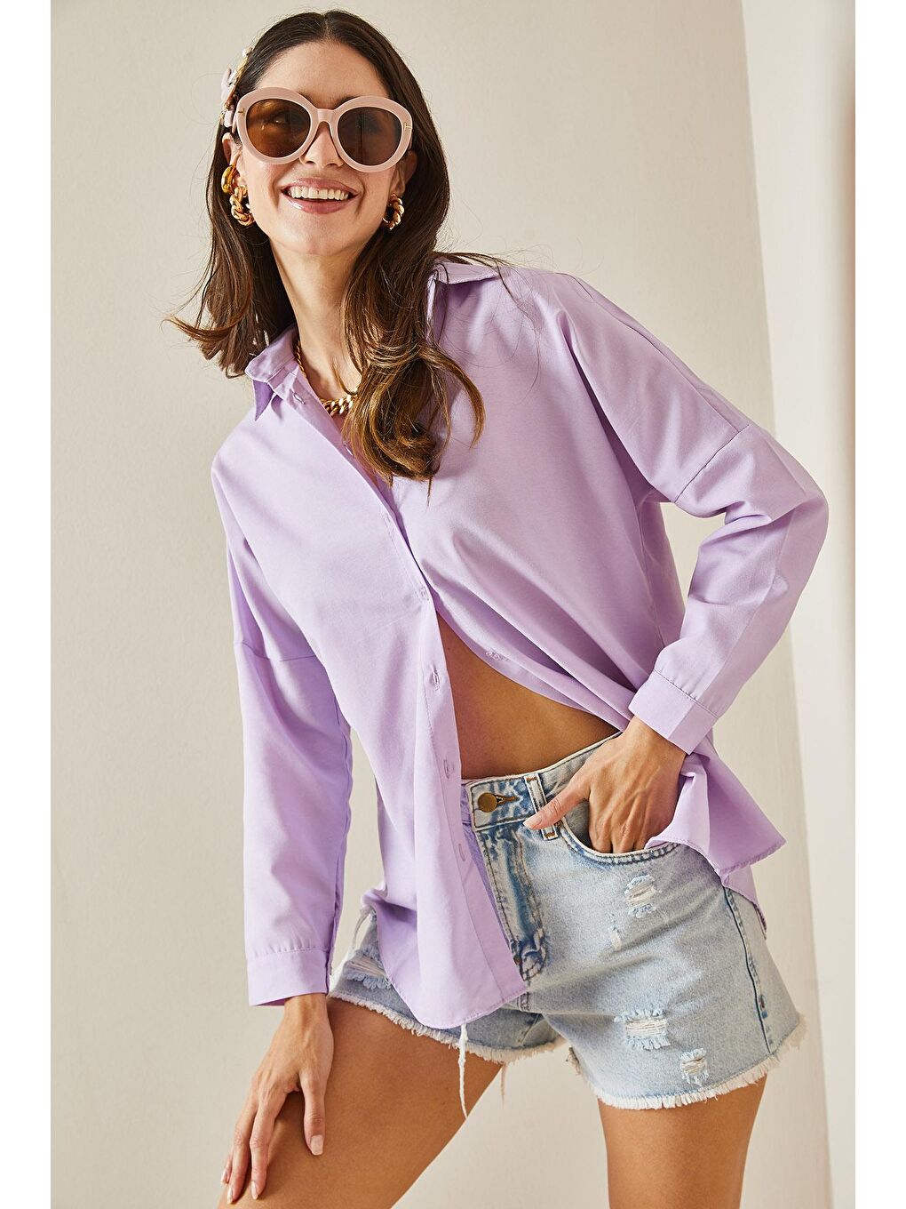 Lila Polo Yaka Basıc Viskon Gömlek 5YXK2-48542-26-4