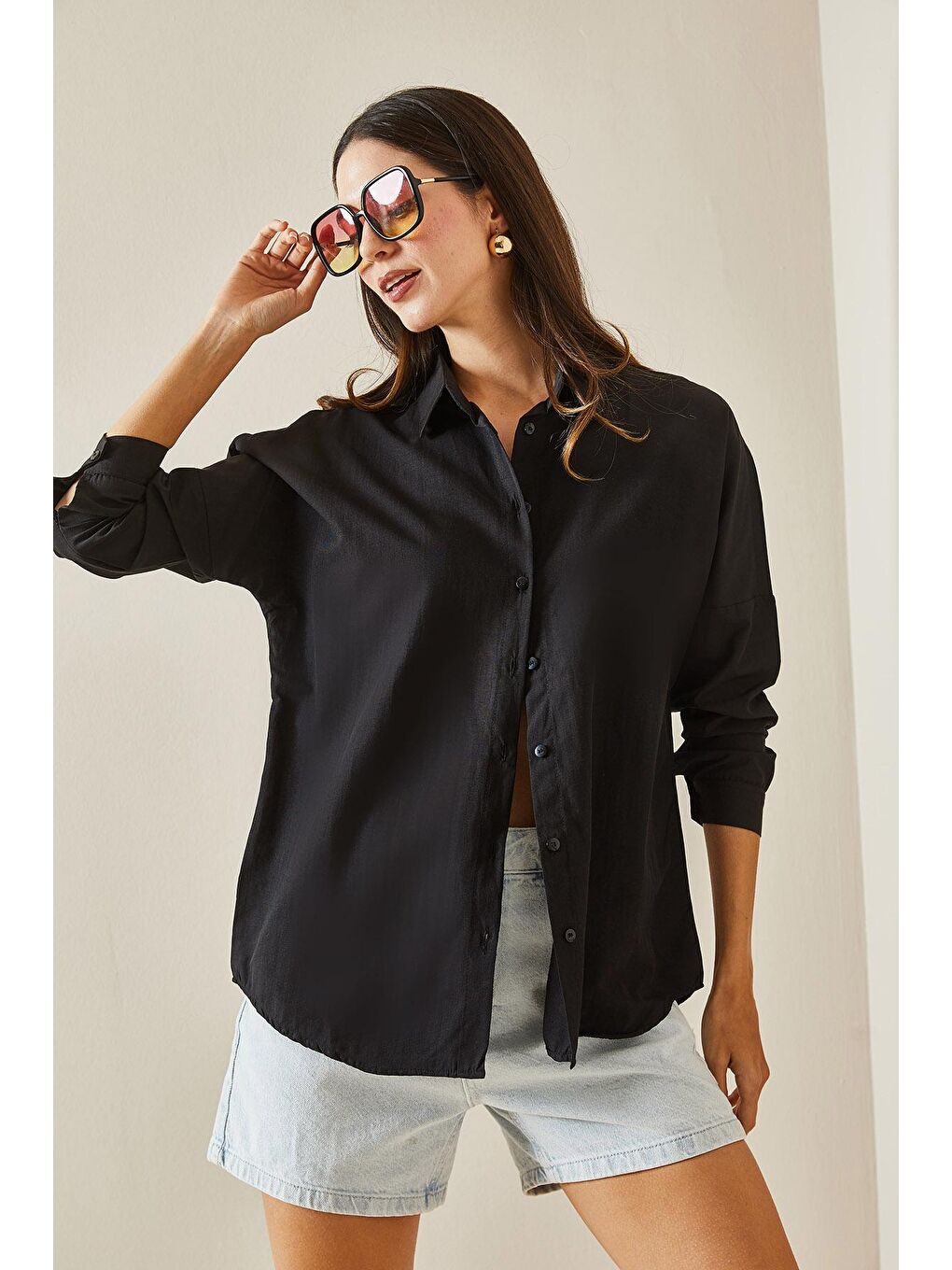 Siyah Polo Yaka Basıc Viskon Gömlek 5YXK2-48542-02-3