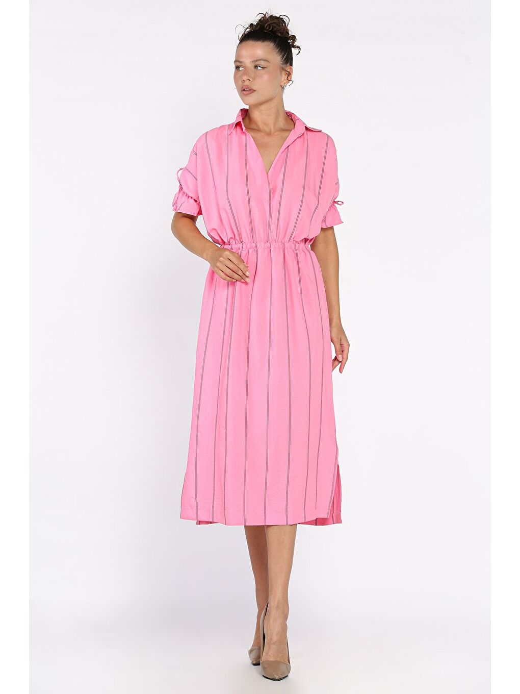 Pembe Bel Lastikli Çizgi Desenli Kısa Kol Elbise