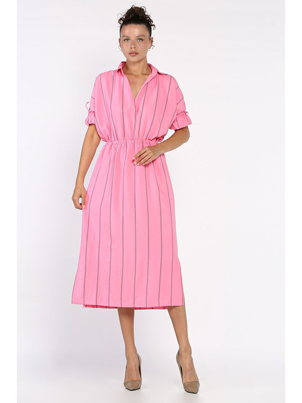 Pembe Bel Lastikli Çizgi Desenli Kısa Kol Elbise-1