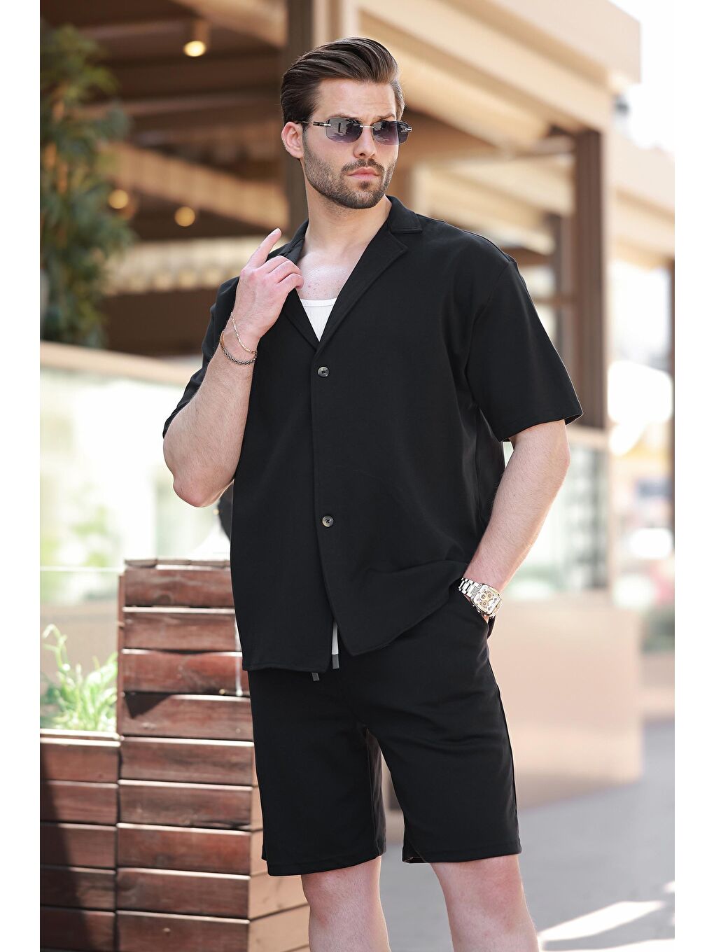Siyah Basic Erkek Şort Gömlek Takım E7311-1