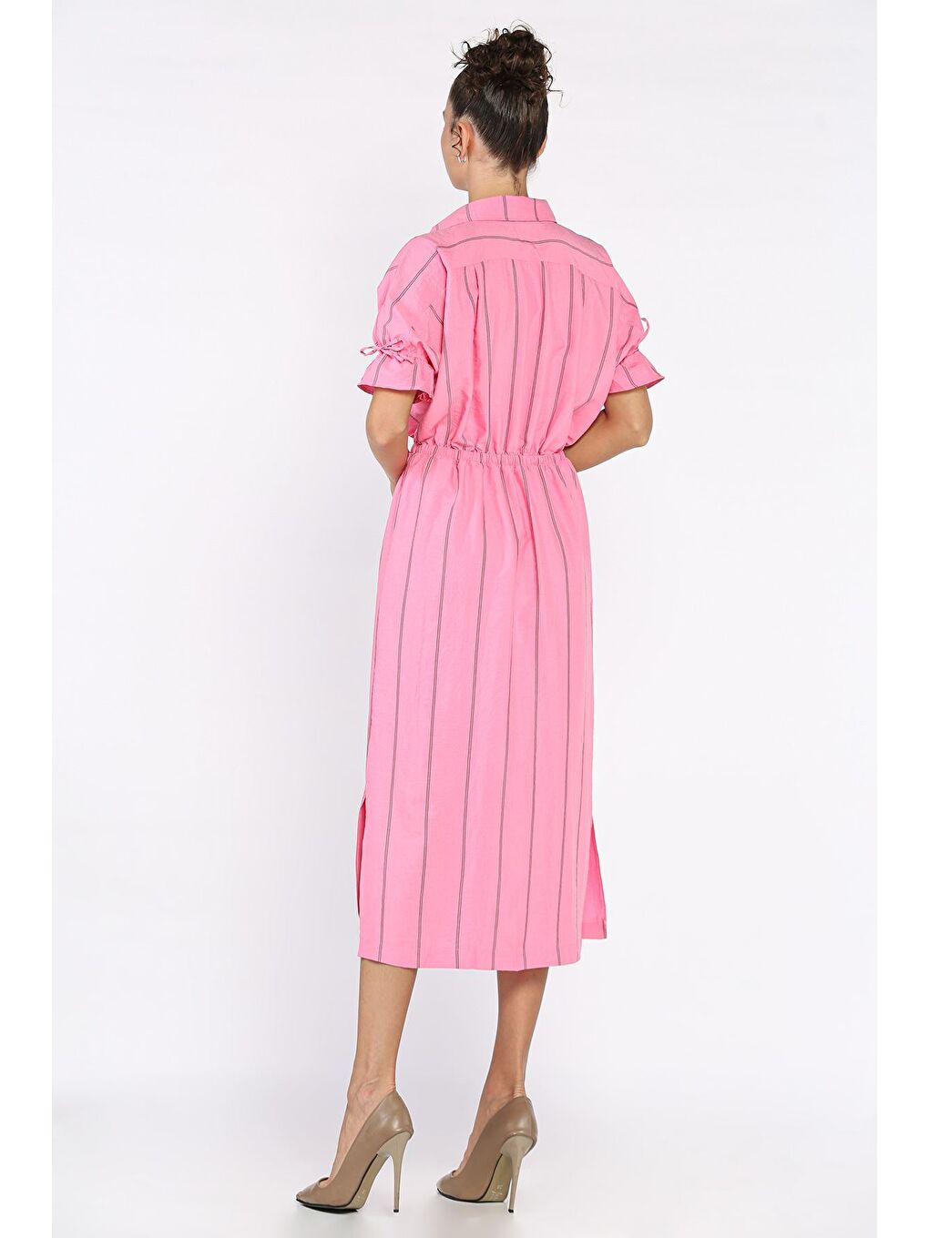 Pembe Bel Lastikli Çizgi Desenli Kısa Kol Elbise-2