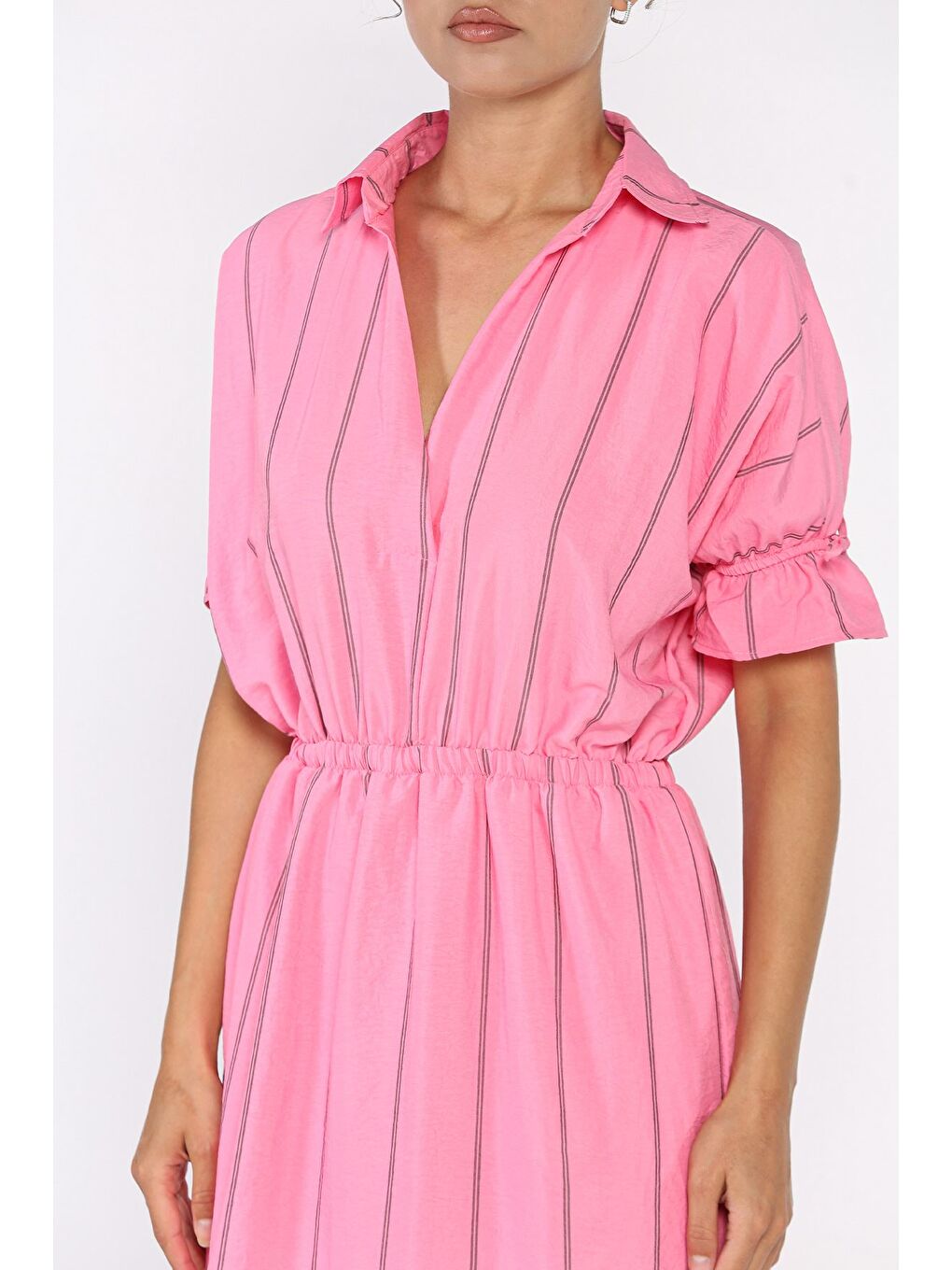 Pembe Bel Lastikli Çizgi Desenli Kısa Kol Elbise-3