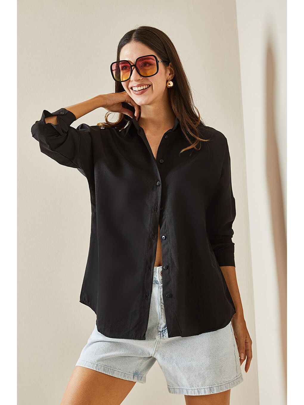 Siyah Polo Yaka Basıc Viskon Gömlek 5YXK2-48542-02-4