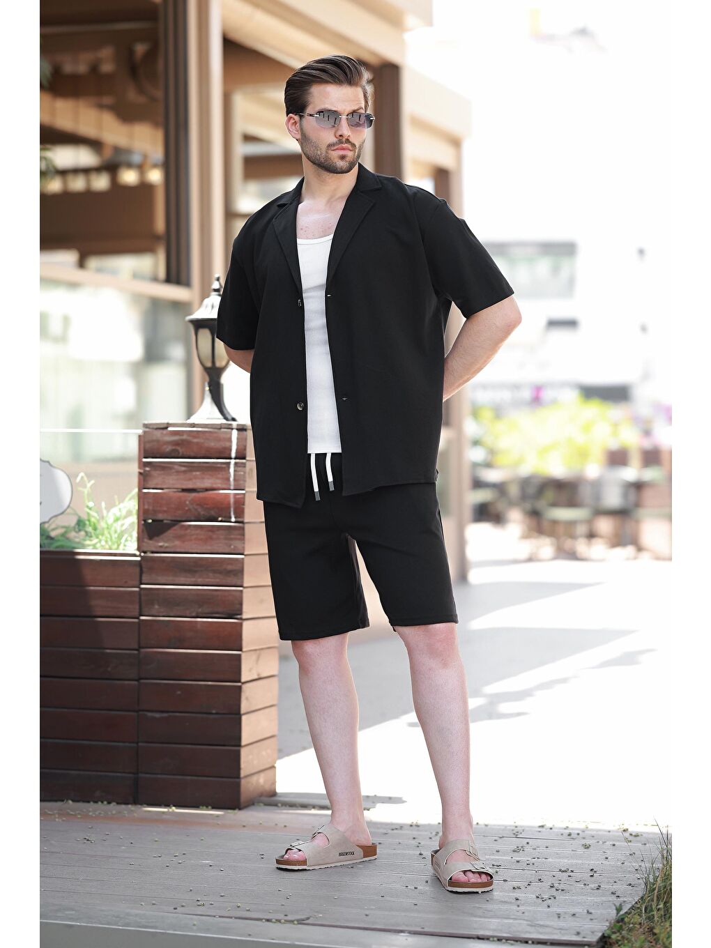 Siyah Basic Erkek Şort Gömlek Takım E7311-3