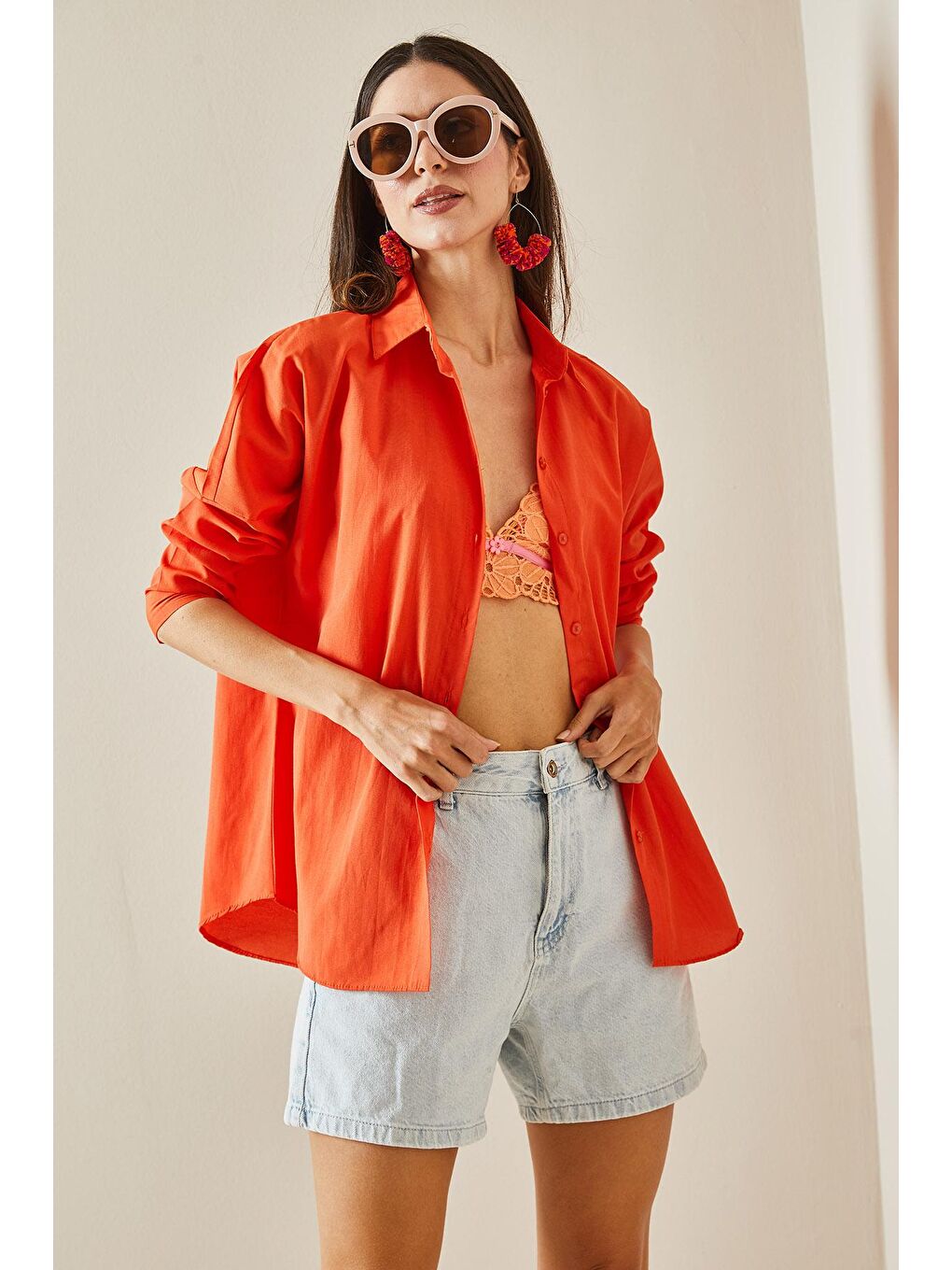 Turuncu Polo Yaka Basıc Viskon Gömlek 5YXK2-48542-11-1