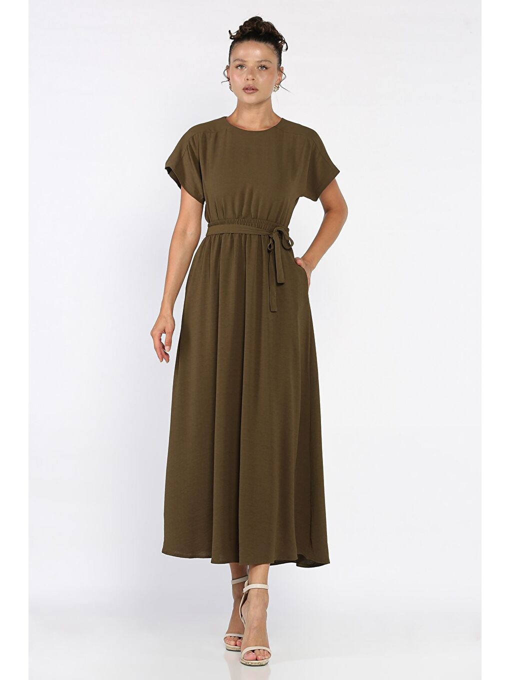 Haki Kadın Çift Cepli Bel Lastikli Kuşaklı Elbise-1