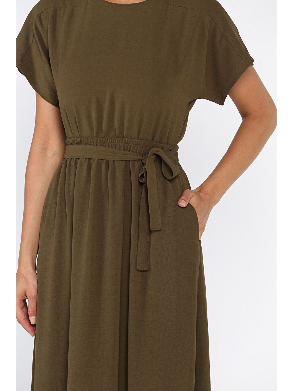 Haki Kadın Çift Cepli Bel Lastikli Kuşaklı Elbise-3