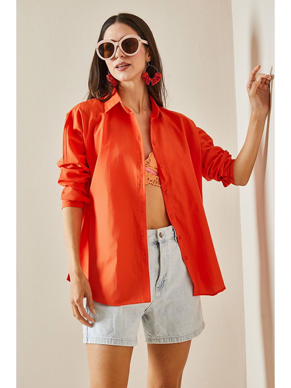 Turuncu Polo Yaka Basıc Viskon Gömlek 5YXK2-48542-11-2