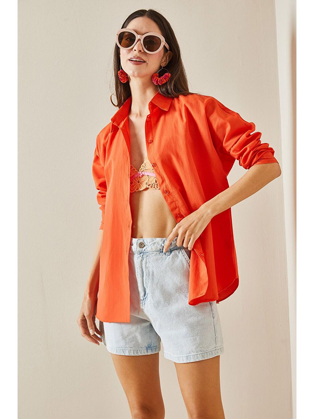 Turuncu Polo Yaka Basıc Viskon Gömlek 5YXK2-48542-11-3