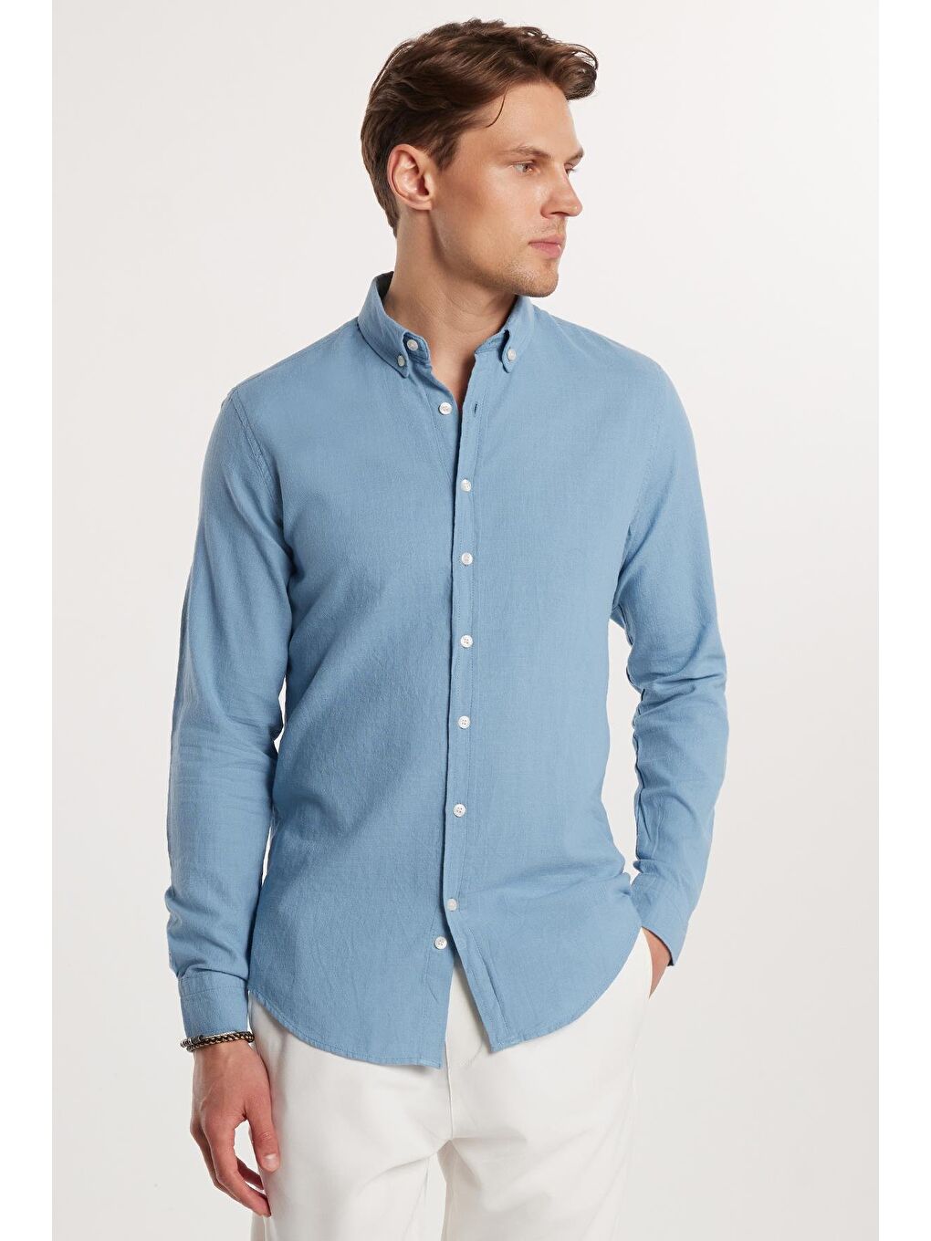Erkek Slim Fit Dar Kesim %100 Pamuk Keten Doku Düğmeli Yaka Mavi Gömlek-3