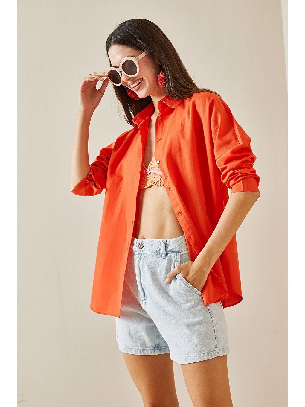 Turuncu Polo Yaka Basıc Viskon Gömlek 5YXK2-48542-11-4