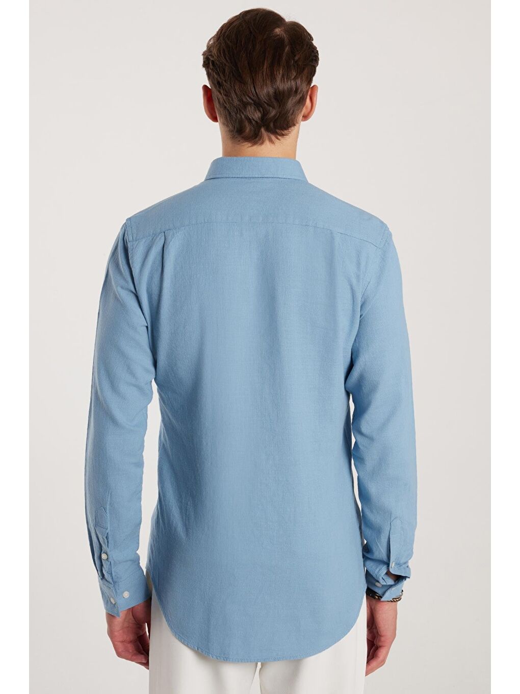 Erkek Slim Fit Dar Kesim %100 Pamuk Keten Doku Düğmeli Yaka Mavi Gömlek-4
