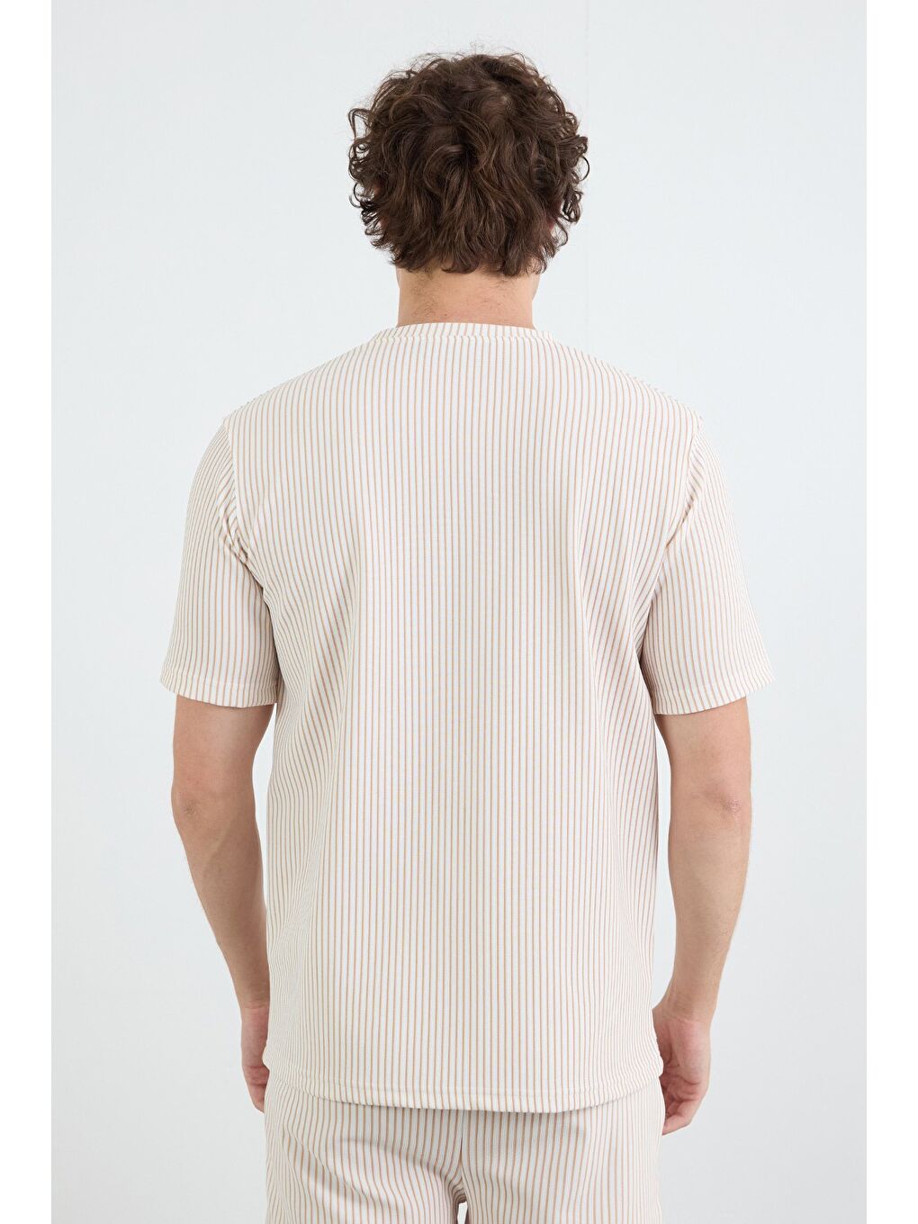 Bej Çizgili Jakarlı Bisiklet Yaka Tişört-3