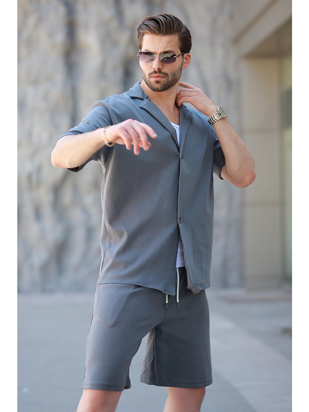 Gri Füme Basic Erkek Şort Gömlek Takım E7311-1