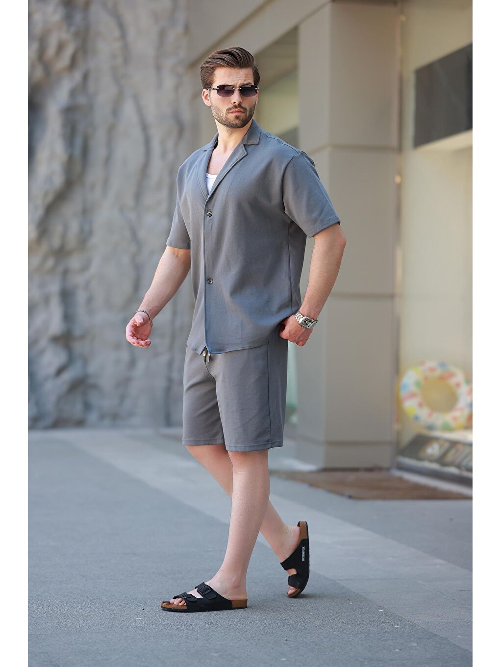 Gri Füme Basic Erkek Şort Gömlek Takım E7311-2