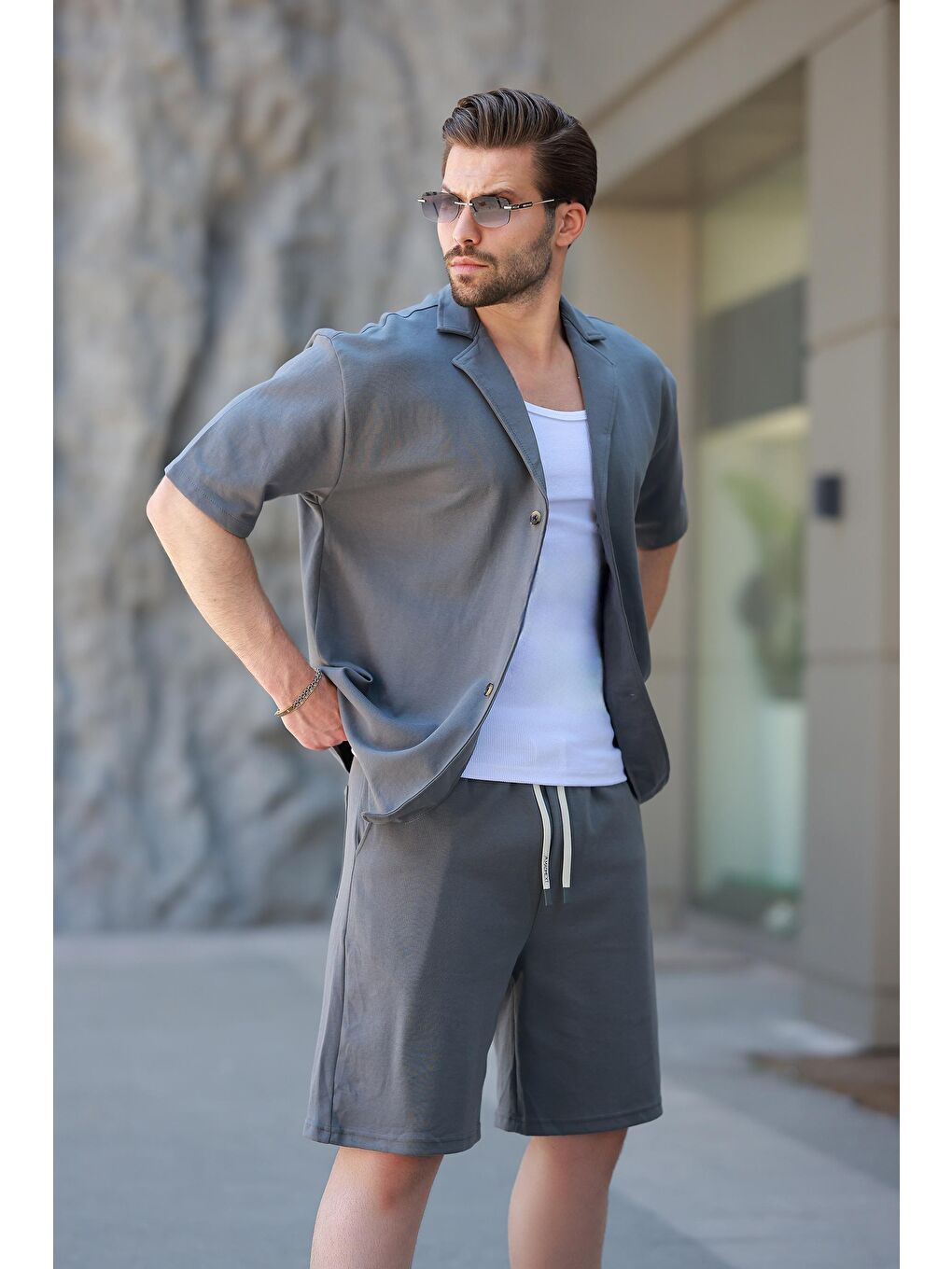 Gri Füme Basic Erkek Şort Gömlek Takım E7311