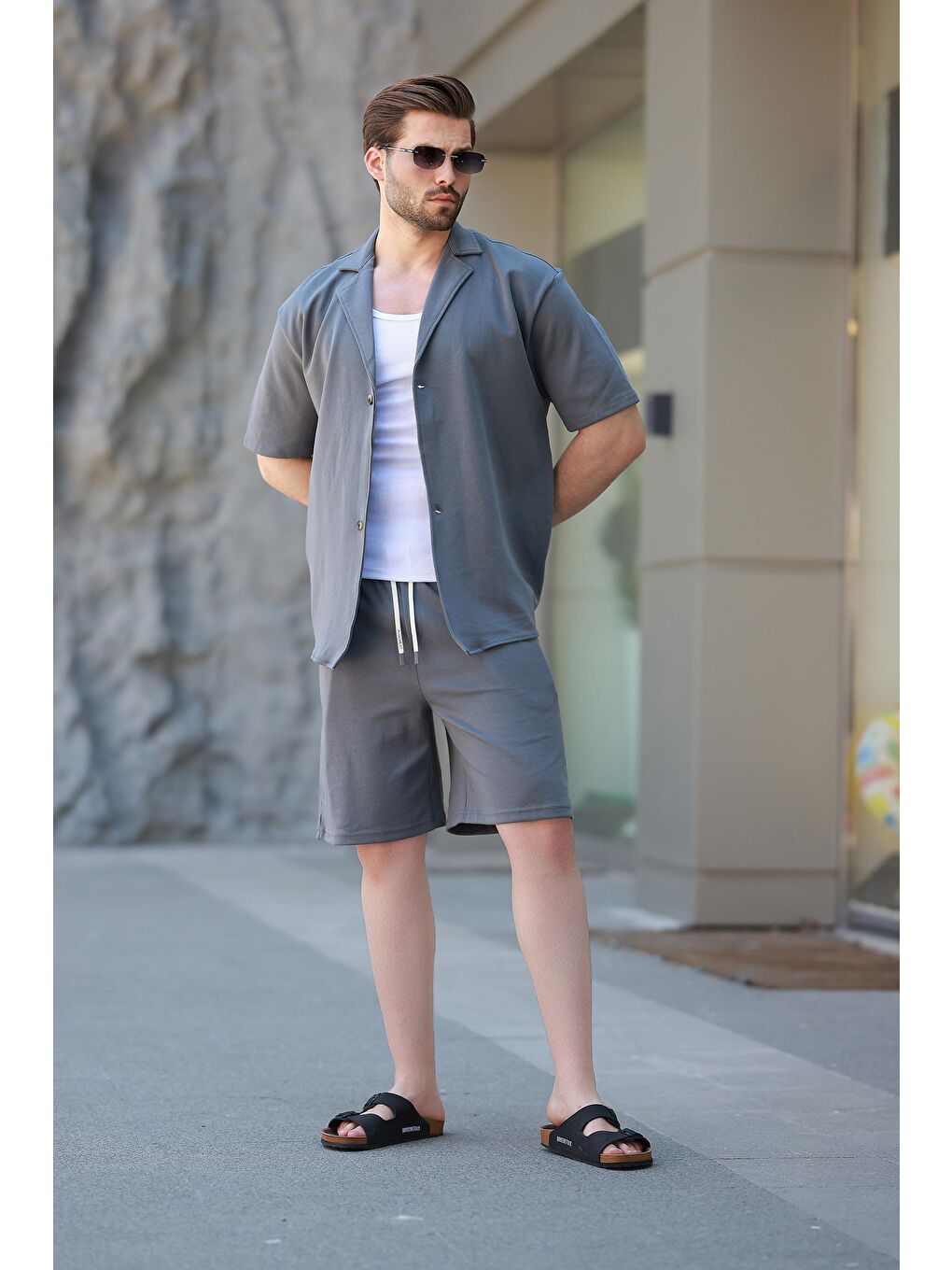 Gri Füme Basic Erkek Şort Gömlek Takım E7311-3