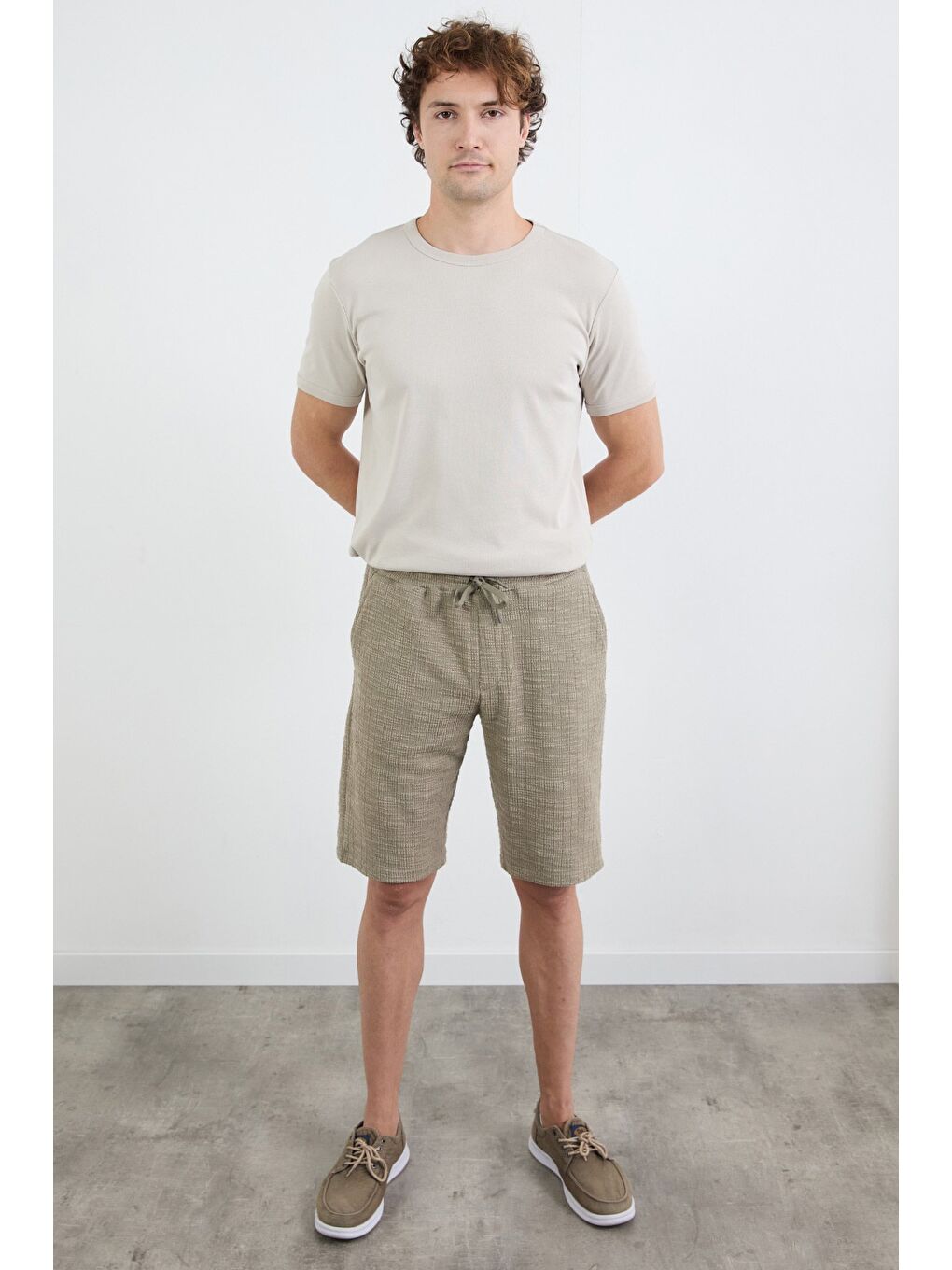 Haki Beli Bağlamalı Triko %100 Pamuk Şort-2