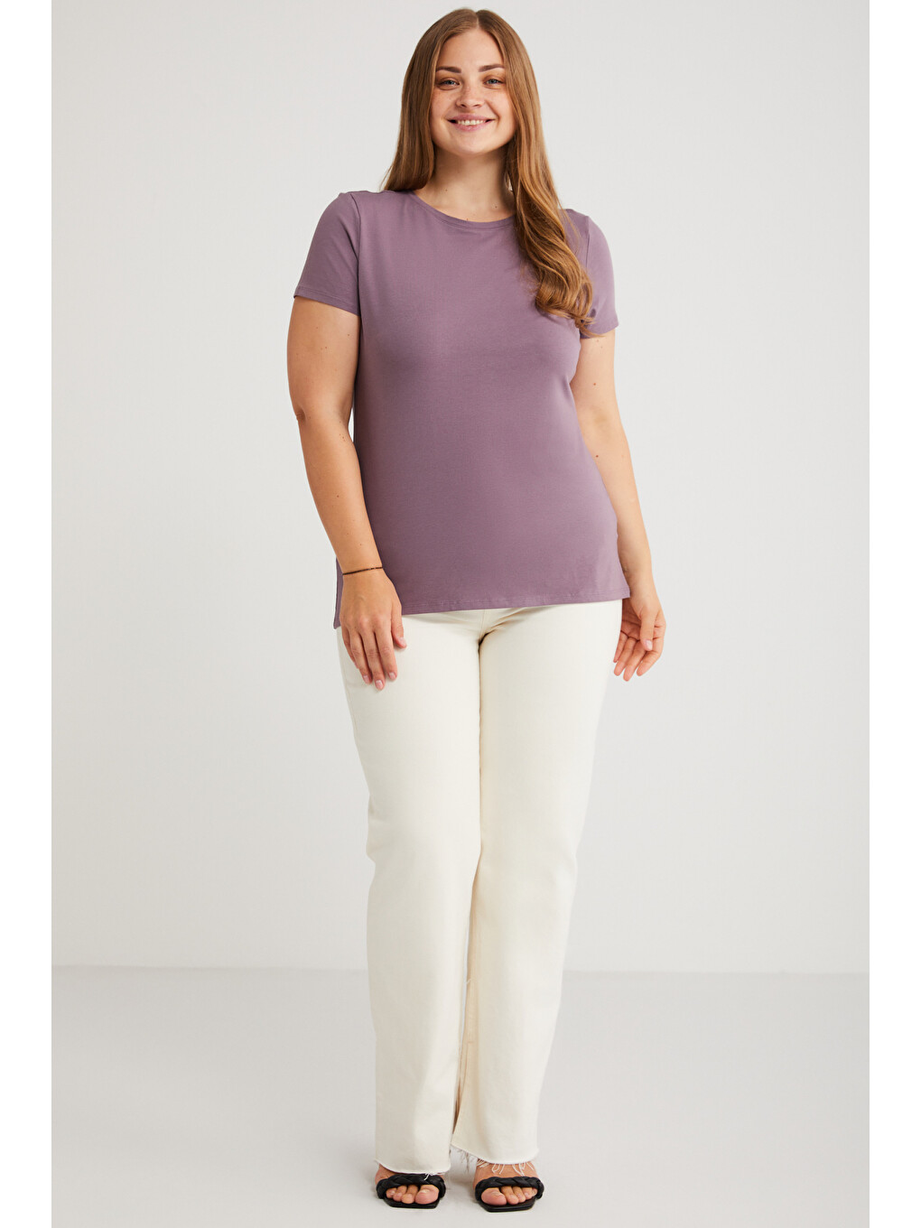 Mayra Kadın Slim Fit Dar Kalıp Bisiklet Yaka Basıc Mor Büyük Beden T-shirt-1