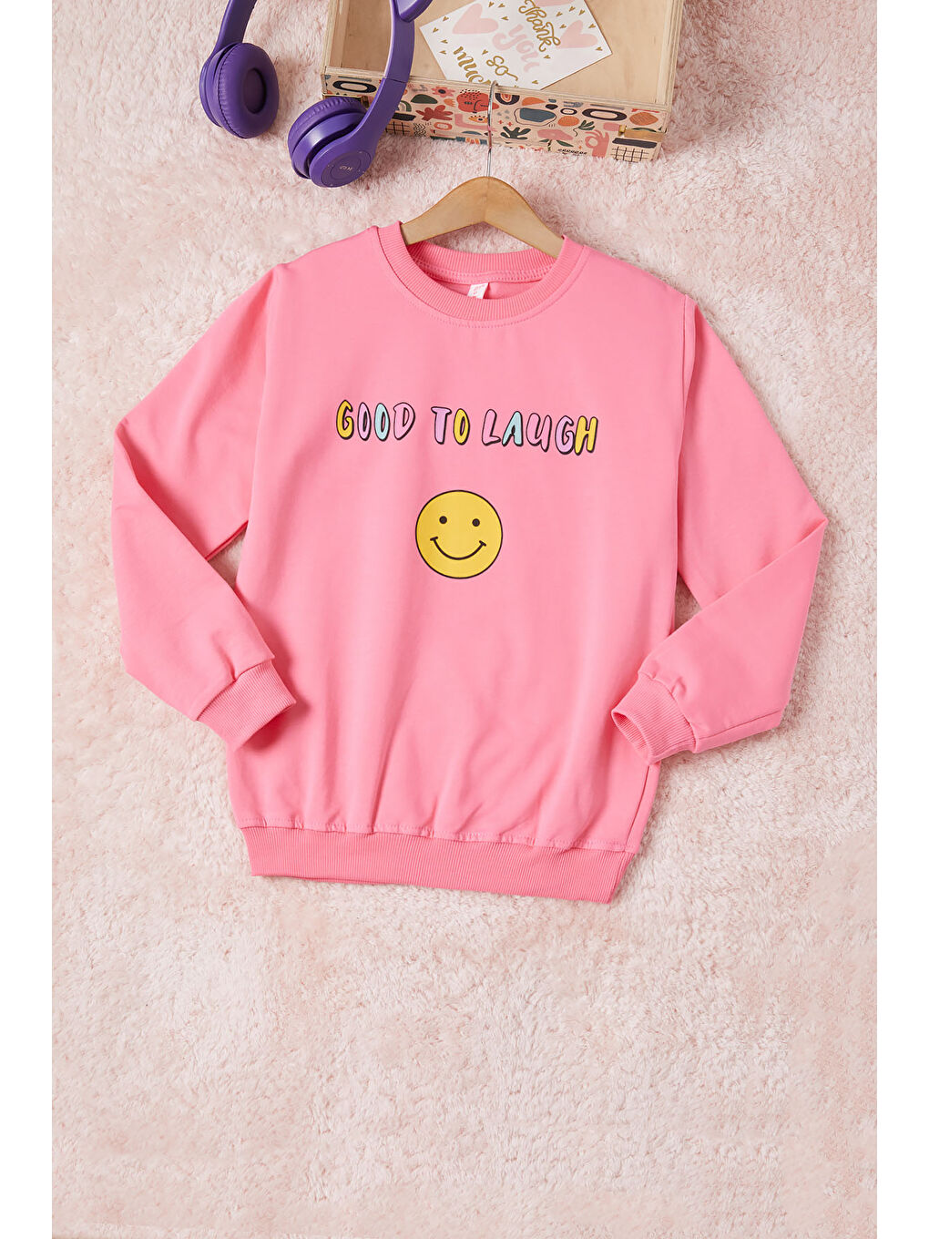 Pembe Life Kids Club Pembe Gülen Yüz Sırtı Baskılı Kız Çocuk Sweatshirt 16701