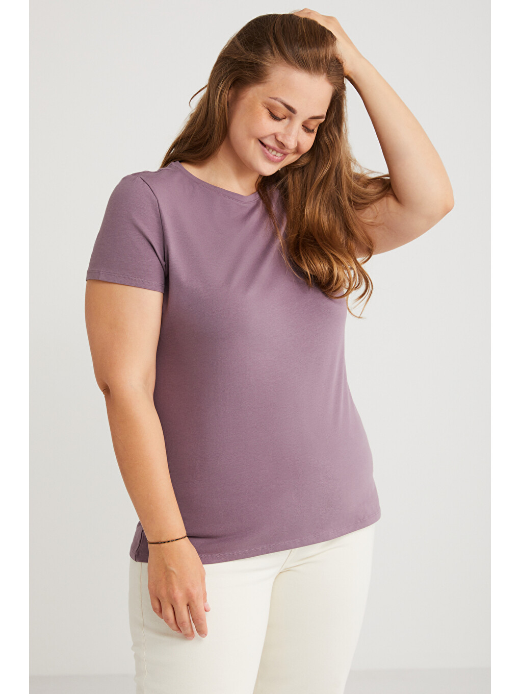 Mayra Kadın Slim Fit Dar Kalıp Bisiklet Yaka Basıc Mor Büyük Beden T-shirt-2