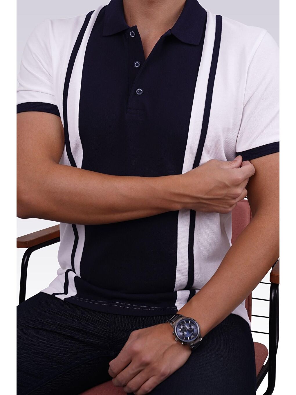 Beyaz Lacivert Çift Renkli Erkek Polo Yaka %100 Pamuk Tişört-1