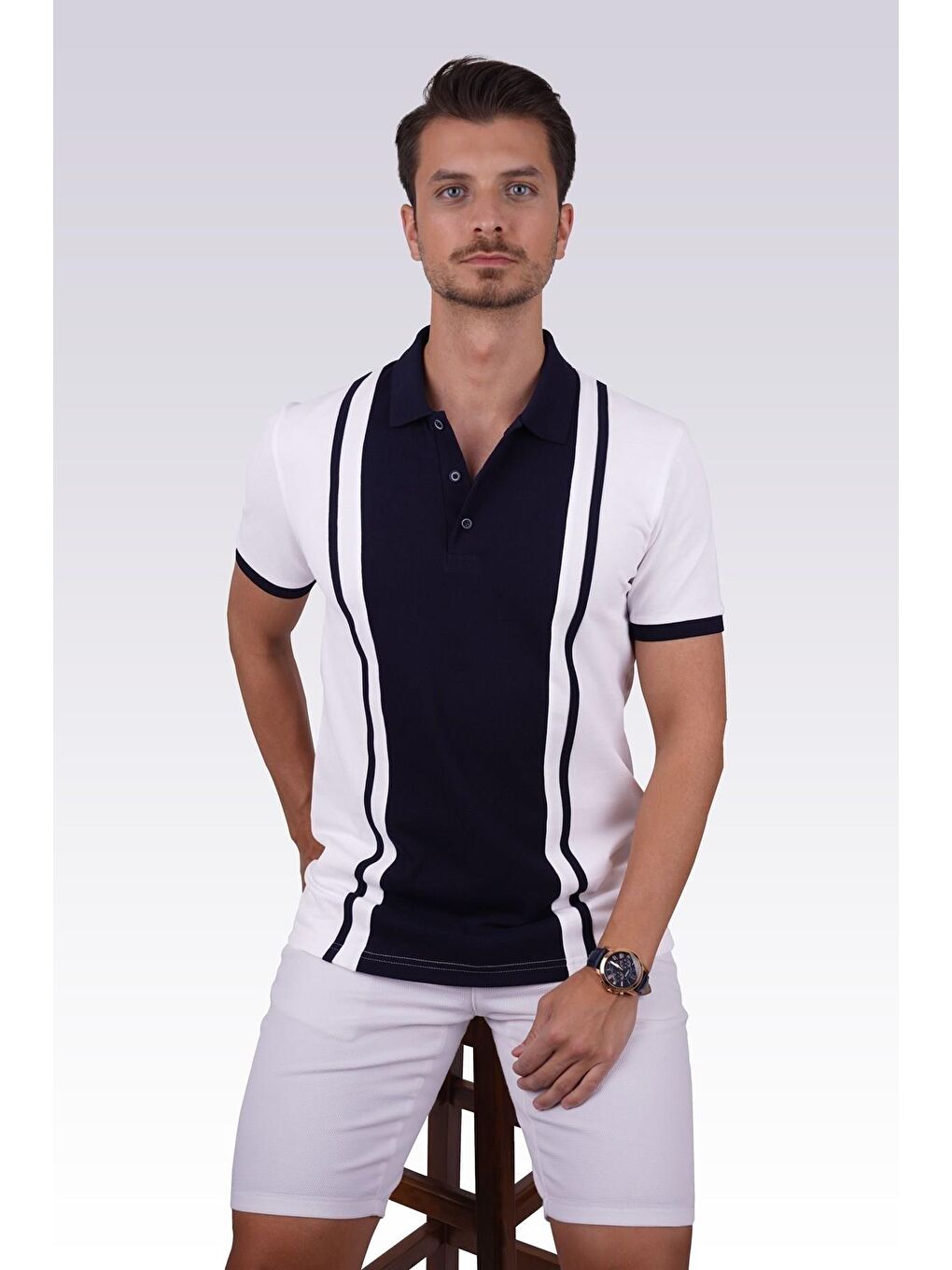 Beyaz Lacivert Çift Renkli Erkek Polo Yaka %100 Pamuk Tişört-2
