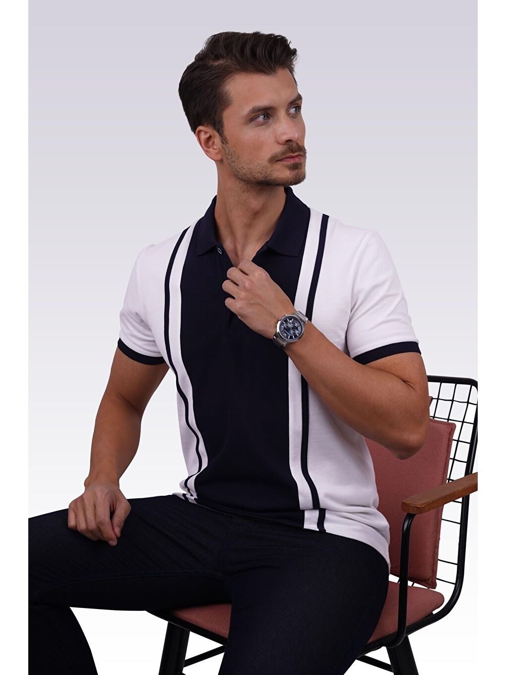 Beyaz Lacivert Çift Renkli Erkek Polo Yaka %100 Pamuk Tişört-6