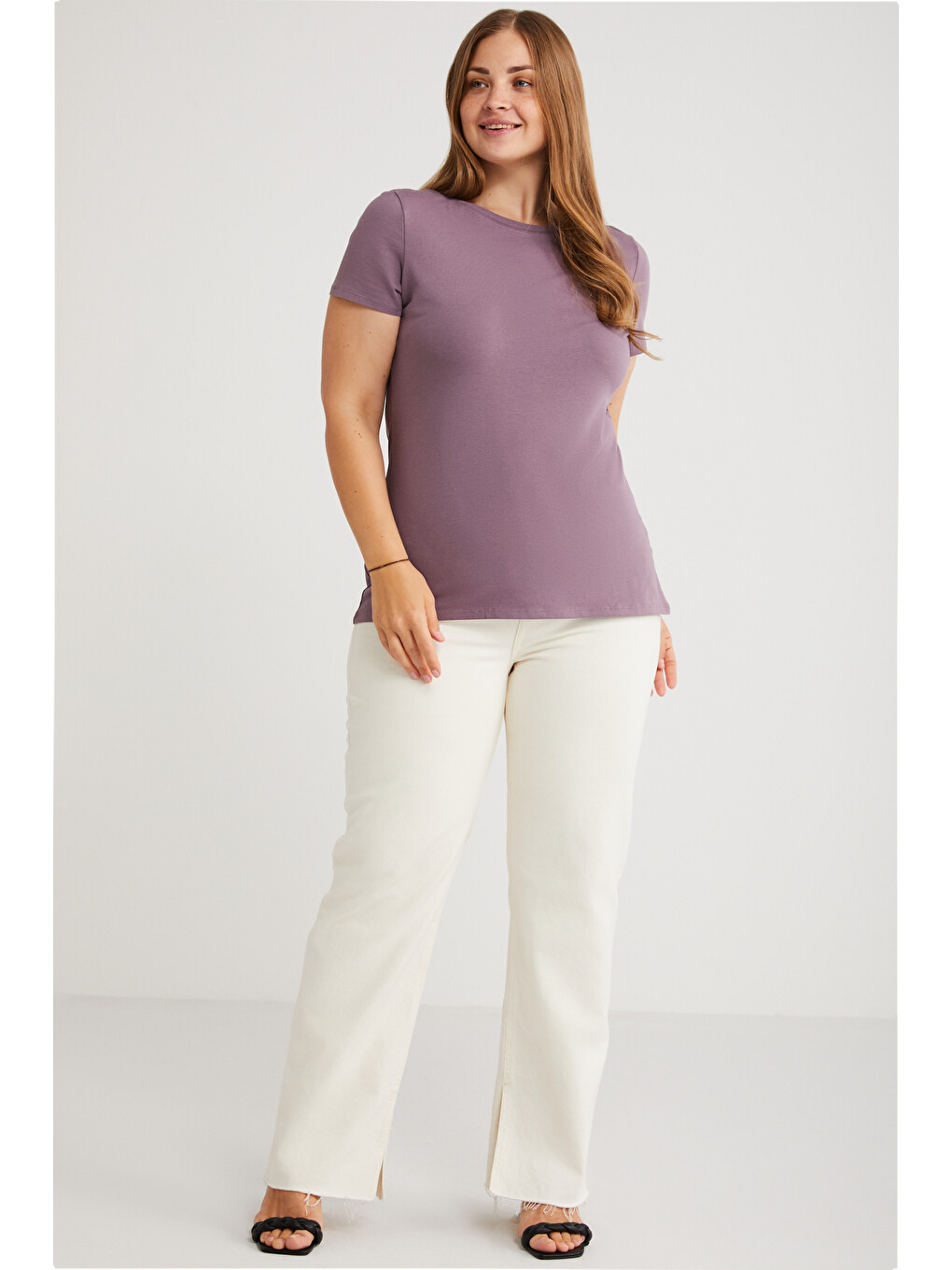 Mayra Kadın Slim Fit Dar Kalıp Bisiklet Yaka Basıc Mor Büyük Beden T-shirt-3