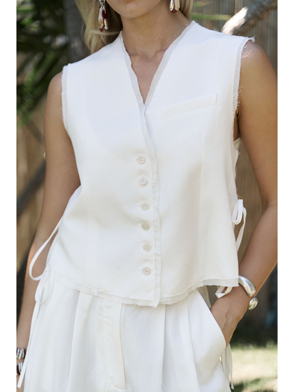 Shonas Bağcık Detay Ekru Yelek Pantolon Takım-3