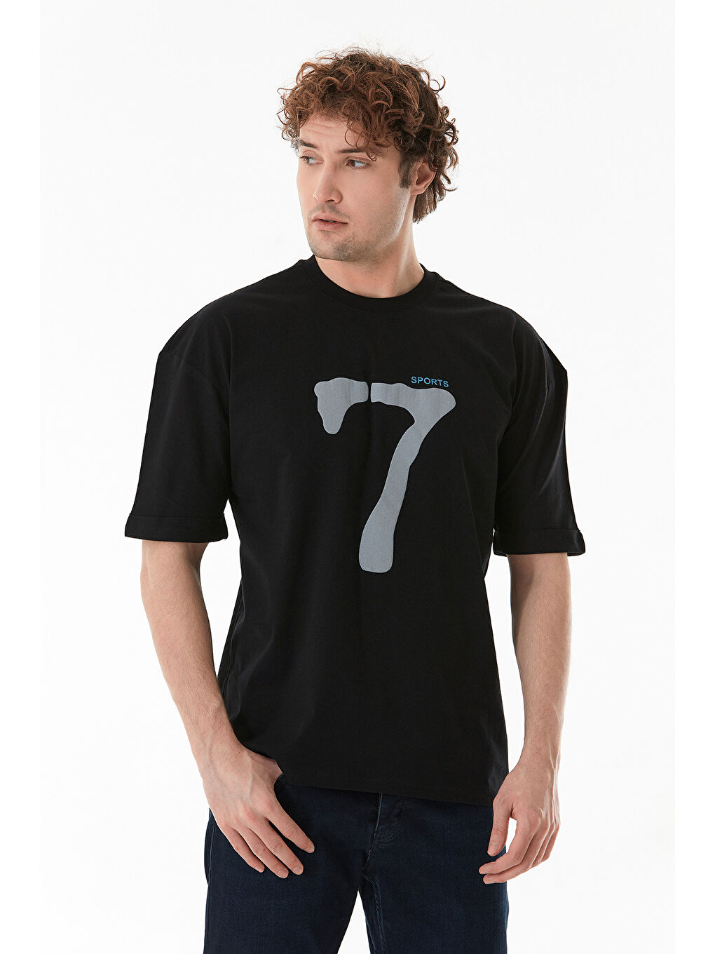 Siyah Sports 7 Baskılı Oversize Tişört