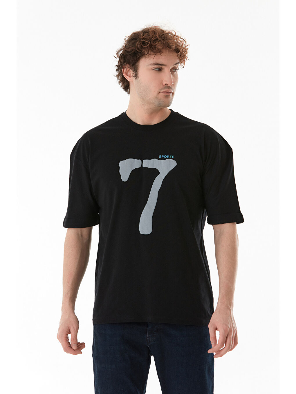 Siyah Sports 7 Baskılı Oversize Tişört-1