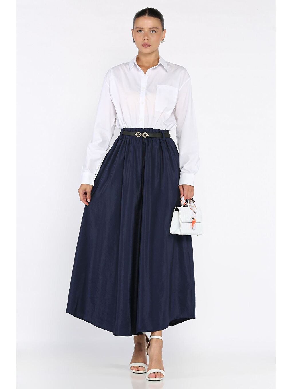 Lacivert Kadın Garnili Cep Detaylı Kemerli Elbise-1