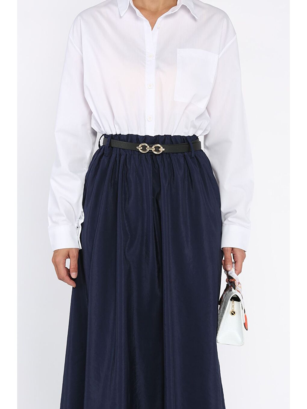 Lacivert Kadın Garnili Cep Detaylı Kemerli Elbise-2