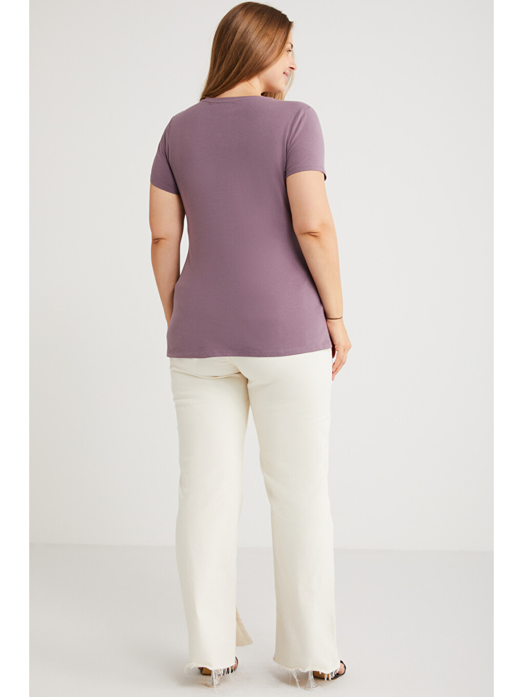 Mayra Kadın Slim Fit Dar Kalıp Bisiklet Yaka Basıc Mor Büyük Beden T-shirt-5