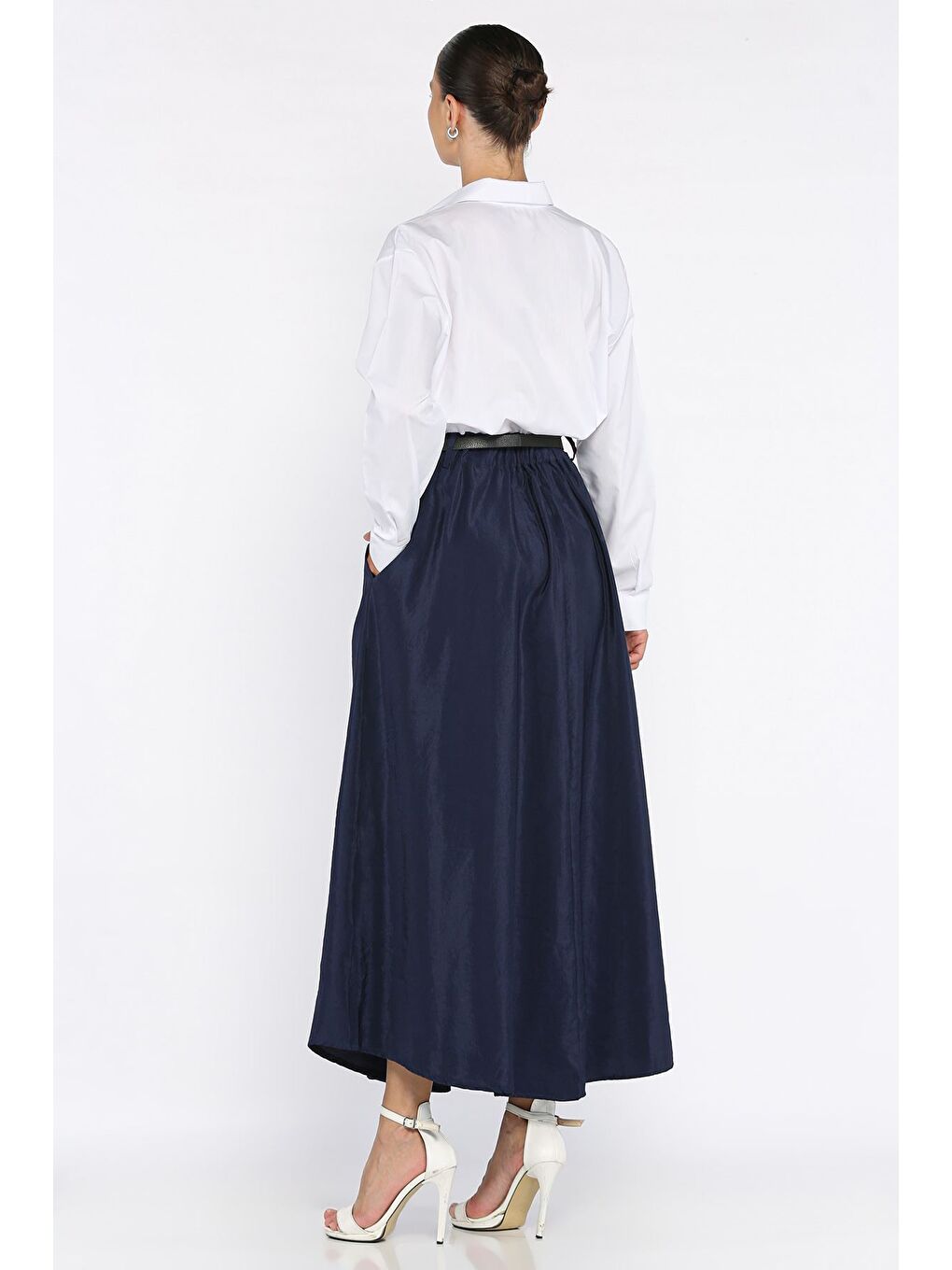 Lacivert Kadın Garnili Cep Detaylı Kemerli Elbise-3