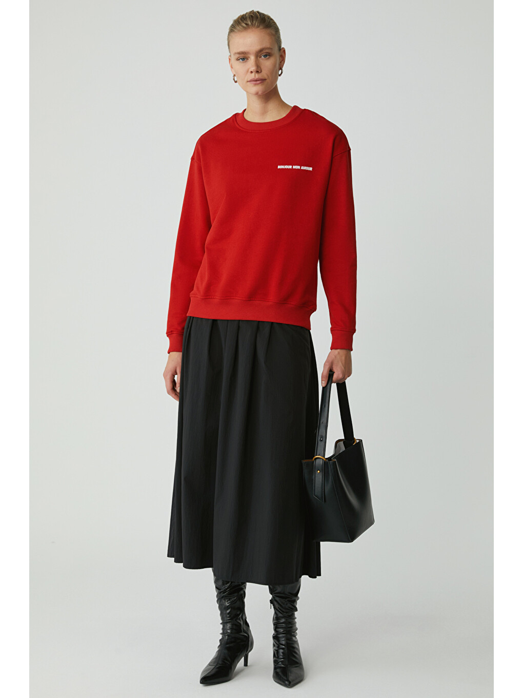 Sandra Kadın Pamuklu Içi Polarlı Yumuşacık Göğsü Baskılı Yuvarlak Yaka Comfort Kırmızı Sweatshirt-1