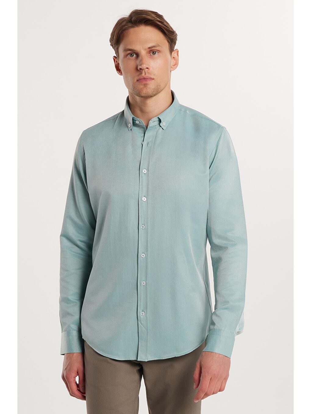 Erkek Slim Fit Dar Kesim Pamuklu Kolay Ütü Yeşil Düğmeli Yaka Gömlek-3