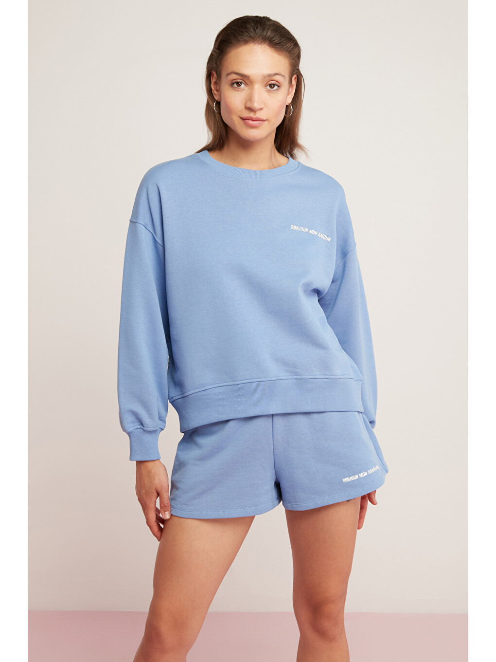 Sandra Kadın Pamuklu Içi Polarlı Yumuşacık Göğsü Baskılı Yuvarlak Yaka Comfort Mavi Sweatshirt